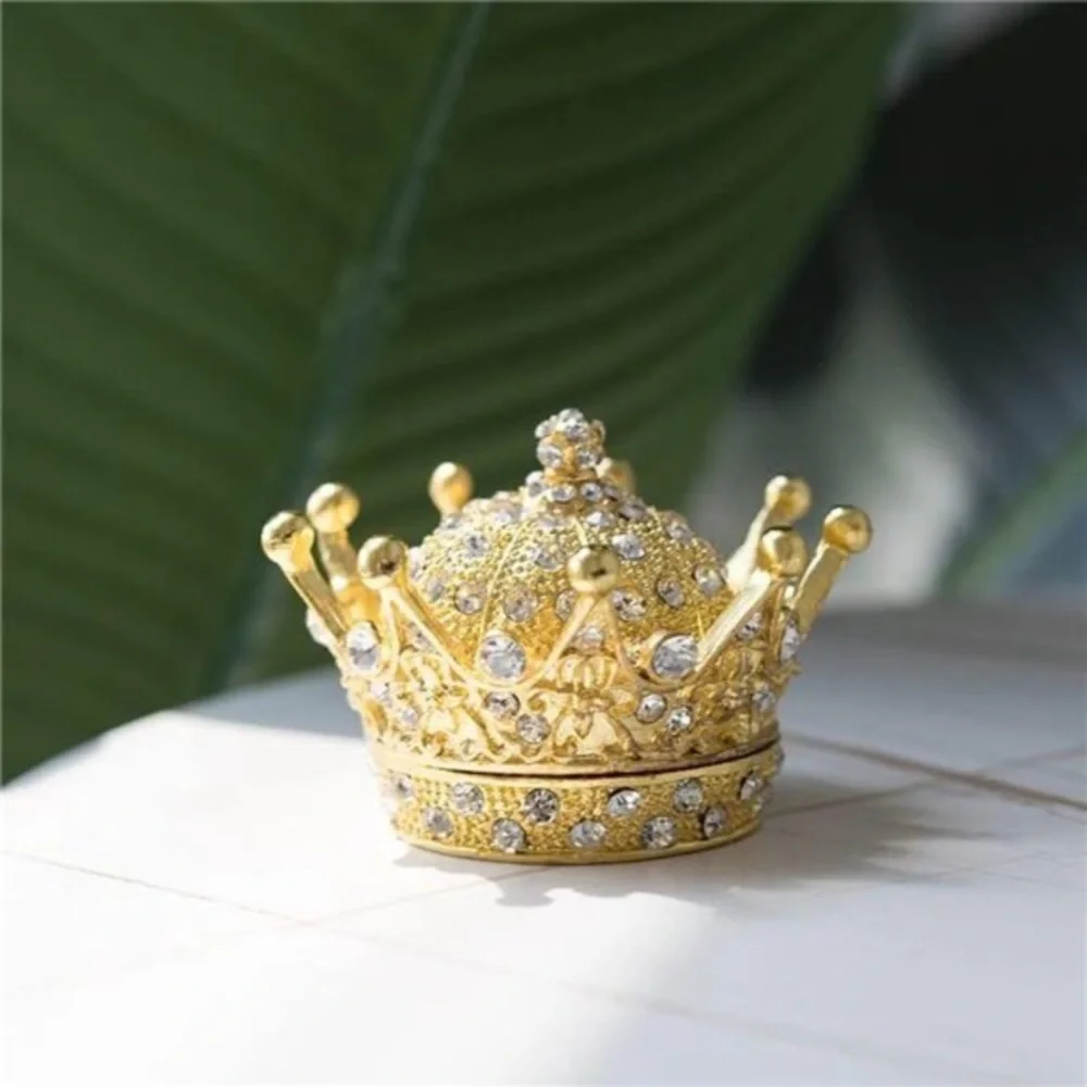 HandPainted Gold Crown Figurine Jewelry TrinketBox Wedding Favor Gift RingHolder